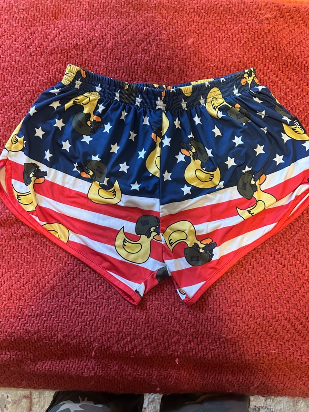 Men's Athletic Shorts in Red, White & Blue with Duck Print